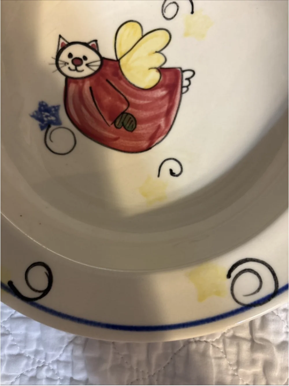 Vintage Emerson Creek Pottery Whimsical Angel Cat Bowl 1990s. (1098)